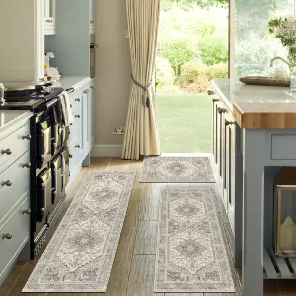 New 3-Piece Kitchen Rug Set, Washable Non-Slip Mats with Rubber Back, Beige/Grey